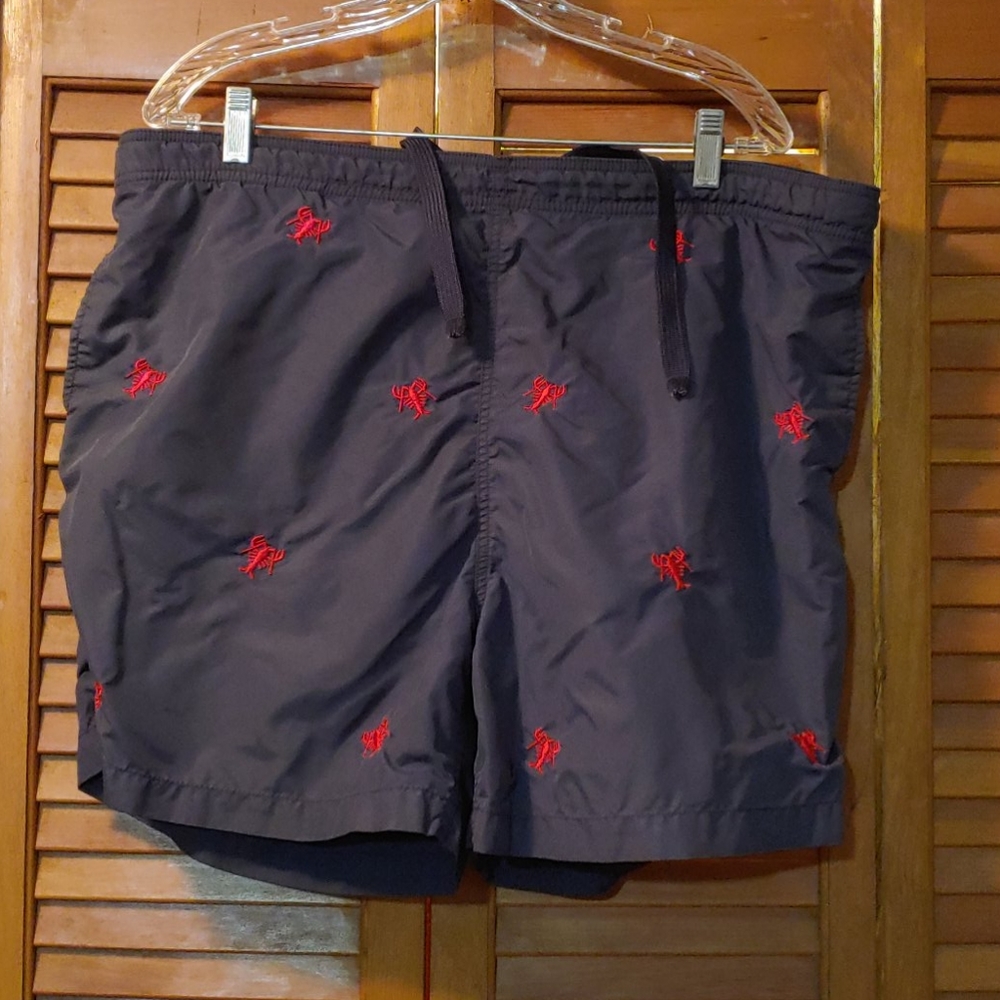 Swimming trunks with red woven lobsters